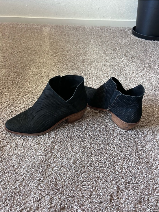 Vince Camuto Shoes - Vince Camuto Black Suede Perforated Ankle Booties with Low Wooden Heel